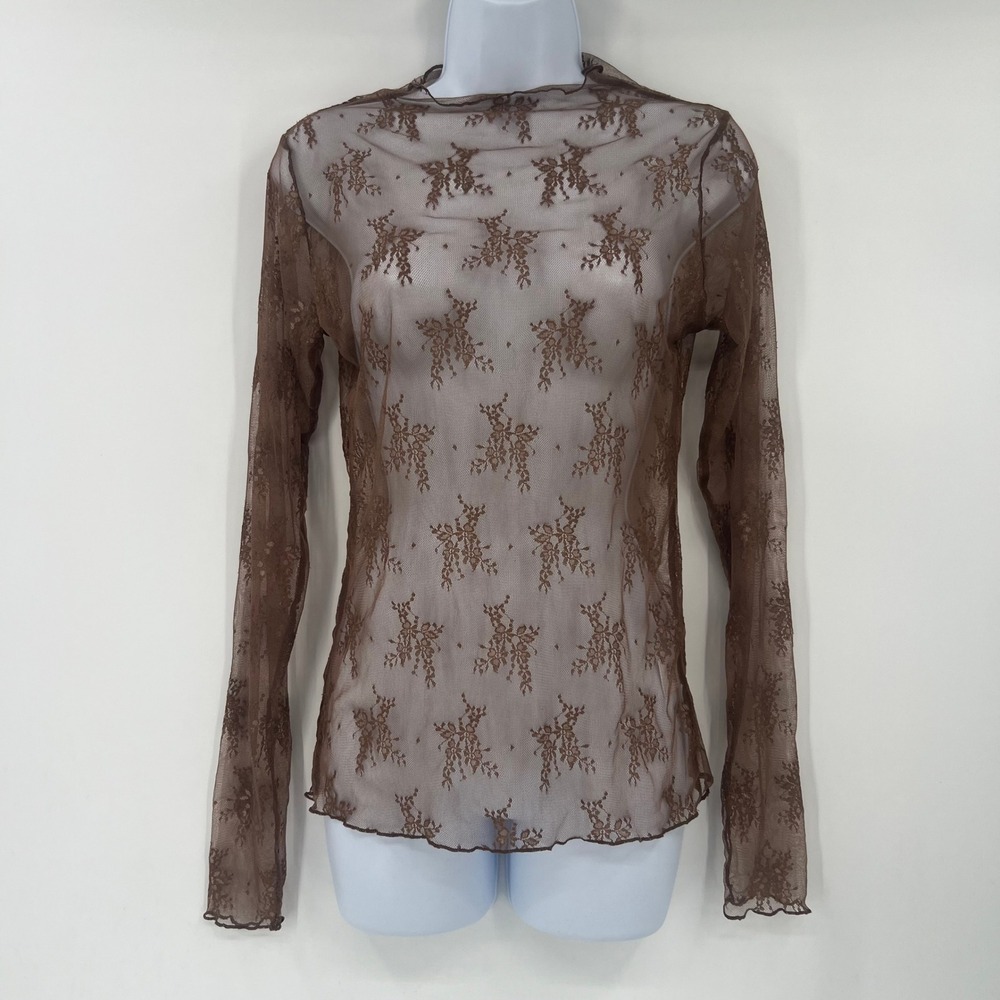 Uge Brown Sheer Floral Mesh Top Medium M Y2K Mock Neck Lettuce Edge Layer